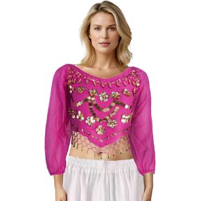 MUNAFIE Dance Top Genie Top Belly Dance Top Long Sleeves Strap type without Chest Pad Arabian Nights Outfit for Women
