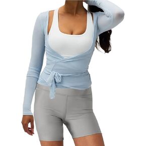Women Y2k Long Sleeve Wrap Crop Top Ballet Pilates Workout Yoga Tie Front Shirts V Neck Slim Fit Wrap Corset Tops