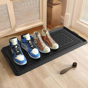 Rubber Shoe Mat, Non Slip Shoe Matt Tray for Entryway, Multipurpose Boot Mat Tray for Front Door with Shoe Brush, 16x27.5 Inches, Black, L-XH029