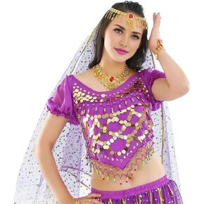 Belly Dance Top for Women, Belly Dancing Shirt Short Sleeve, Dance Outfit Halloween Costume, One Size (US 2-10)
