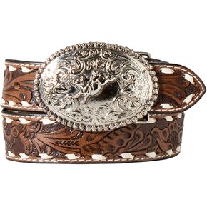 ARIAT Boys''Belt - Genuine Leather, Floral Hand Tooled, White Buck Lace Stitching with Silver Beaded Buckle