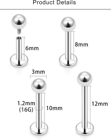Lcolyoli Labret Piercing Jewelry Internally Threaded Snake Bite Jewelry Lip Rings 16G Stainless Steel Medusa Monroe Lip Piercing Jewelry for Women Men Bar Length 6mm 8mm 10mm 12mm in Saudi Arabia