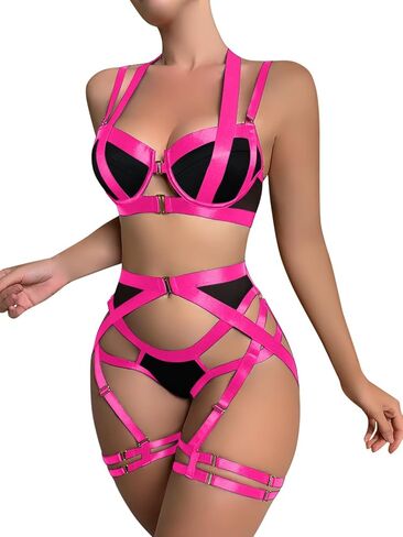 Lilosy Sexy Strappy Underwire Push Up Garter Belt Women Lingerie Set Harness Cutout Outfits Matching Bra Panty 3 Piece in Saudi Arabia