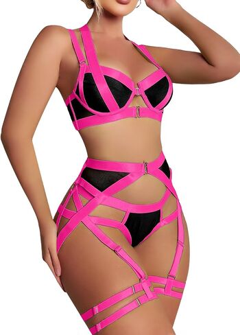 Lilosy Sexy Strappy Underwire Push Up Garter Belt Women Lingerie Set Harness Cutout Outfits Matching Bra Panty 3 Piece in Saudi Arabia