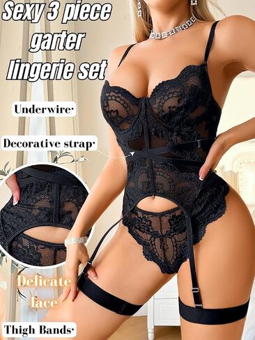 Floral Lace Underwire Push-Up Lingerie Sets for Women, Sexy Mesh Corset with Garter&Thong 3 Piece in Kuwait
