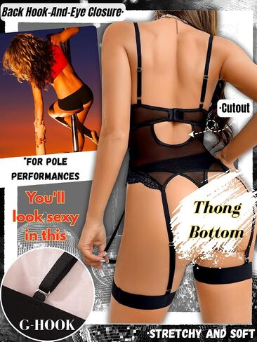 Floral Lace Underwire Push-Up Lingerie Sets for Women, Sexy Mesh Corset with Garter&Thong 3 Piece in Kuwait