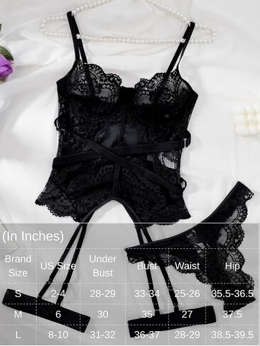 Floral Lace Underwire Push-Up Lingerie Sets for Women, Sexy Mesh Corset with Garter&Thong 3 Piece in Kuwait