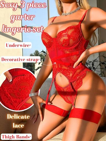 Floral Lace Underwire Push-Up Lingerie Sets for Women, Sexy Mesh Corset with Garter&Thong 3 Piece in Kuwait
