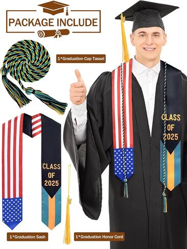 Graduation Stole Class of 2025 with Cap Tassel and Honor Cord Mixed Country Flag Graduation Sash for Students in Saudi Arabia