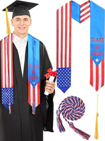 Graduation Stole Class of 2025 with Cap Tassel and Honor Cord Mixed Country Flag Graduation Sash for Students in Saudi Arabia