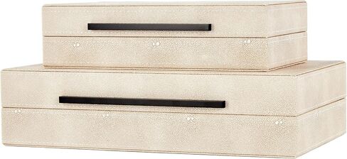 Denique Shagreen Decorative Boxes Set of 2, Leather Jewelry Storage Box Modern Storage Boxes with Lids, Ivory Stacking Boxes with Black Metal Handles Home Organizer Box in Kuwait