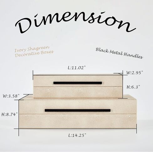 Denique Shagreen Decorative Boxes Set of 2, Leather Jewelry Storage Box Modern Storage Boxes with Lids, Ivory Stacking Boxes with Black Metal Handles Home Organizer Box in Kuwait