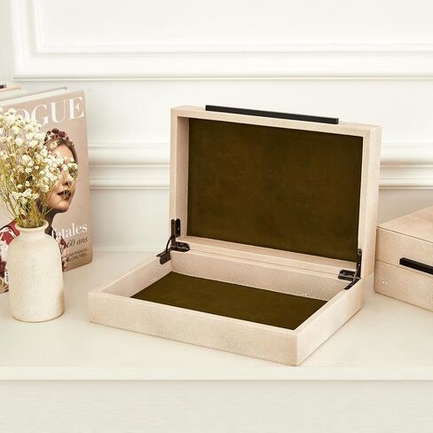 Denique Shagreen Decorative Boxes Set of 2, Leather Jewelry Storage Box Modern Storage Boxes with Lids, Ivory Stacking Boxes with Black Metal Handles Home Organizer Box in Kuwait
