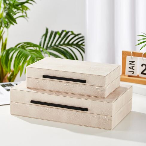 Denique Shagreen Decorative Boxes Set of 2, Leather Jewelry Storage Box Modern Storage Boxes with Lids, Ivory Stacking Boxes with Black Metal Handles Home Organizer Box in Kuwait