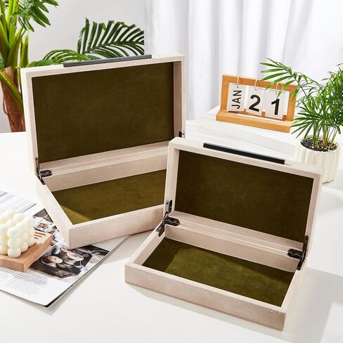 Denique Shagreen Decorative Boxes Set of 2, Leather Jewelry Storage Box Modern Storage Boxes with Lids, Ivory Stacking Boxes with Black Metal Handles Home Organizer Box in Kuwait