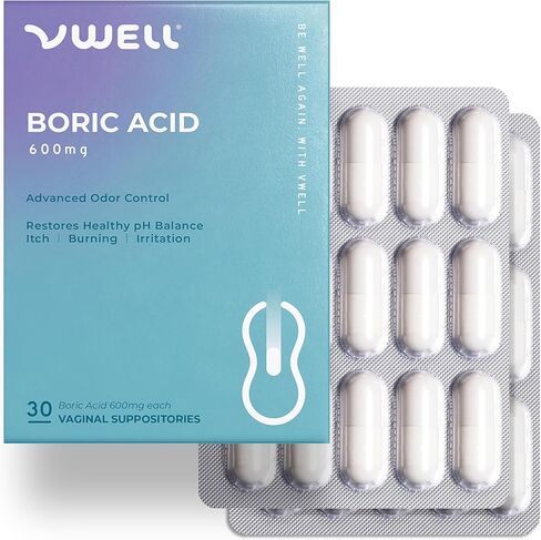 VWELL Boric Acid Vaginal Suppositories 30 Counts Blister Pack - Maintains and Balances Healthy Vaginal pH & Microbiome to Manage Odor Itch Burning Irritation Intimacy - Doctors Recommended for Women in Kuwait
