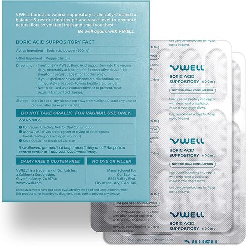 VWELL Boric Acid Vaginal Suppositories 30 Counts Blister Pack - Maintains and Balances Healthy Vaginal pH & Microbiome to Manage Odor Itch Burning Irritation Intimacy - Doctors Recommended for Women in Kuwait