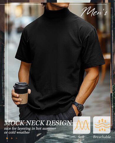 Huukeay 3 Pack Men's Big and Tall Turtleneck Shirt, Cotton Short Sleeve Mock Neck Tops Loose Fit Basic Casual Undershirt Tee in Kuwait