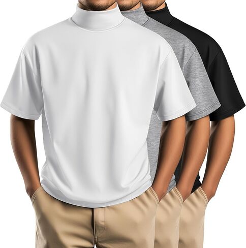 Huukeay 3 Pack Men's Big and Tall Turtleneck Shirt, Cotton Short Sleeve Mock Neck Tops Loose Fit Basic Casual Undershirt Tee in Kuwait