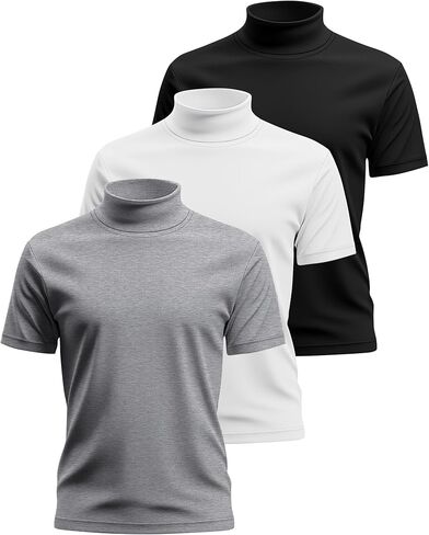 Huukeay 3 Pack Men's Big and Tall Turtleneck Shirt, Cotton Short Sleeve Mock Neck Tops Loose Fit Basic Casual Undershirt Tee in Kuwait