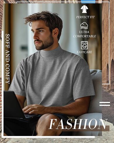 Huukeay 3 Pack Men's Big and Tall Turtleneck Shirt, Cotton Short Sleeve Mock Neck Tops Loose Fit Basic Casual Undershirt Tee in Kuwait