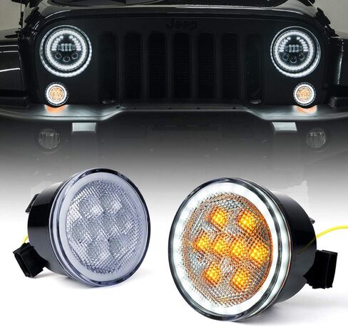 Xprite LED Turn Signal Lights with White Halo, Plug & Play Front Grille Parking Lights Compatible with 2007-2018 Jeep Wrangler JK JKU,Clear Lens in Kuwait