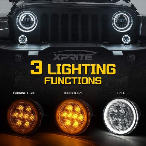 Xprite LED Turn Signal Lights with White Halo, Plug & Play Front Grille Parking Lights Compatible with 2007-2018 Jeep Wrangler JK JKU,Clear Lens in Kuwait