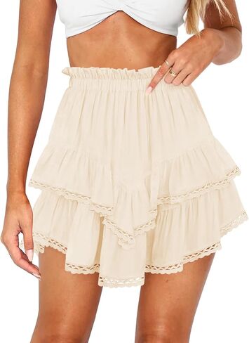 Women's High Waist Ruffle Mini Skirt Lace Trim Flowy Boho Skorts for Women Flared Tiered Golf Tennis Athletic Skirts in Kuwait