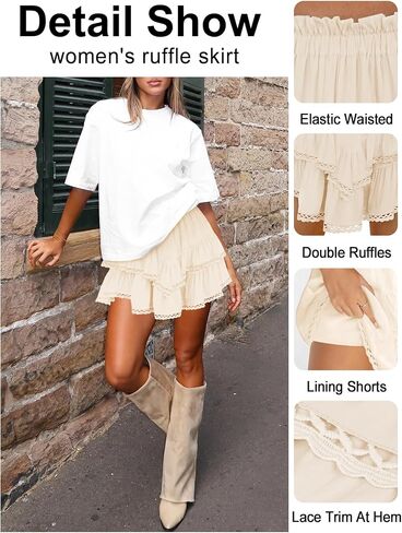 Women's High Waist Ruffle Mini Skirt Lace Trim Flowy Boho Skorts for Women Flared Tiered Golf Tennis Athletic Skirts in Kuwait