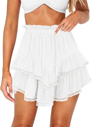 Women's High Waist Ruffle Mini Skirt Lace Trim Flowy Boho Skorts for Women Flared Tiered Golf Tennis Athletic Skirts in Kuwait