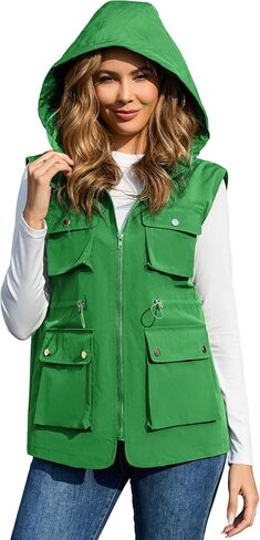 PESION Womens Packable Military Utility Vests Outerwear Waterproof Windbreaker Jacket Cargo Vest with Removable Hood in Kuwait