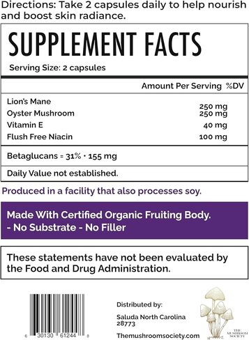 Skin Rejuvenation Supplement - Lion’s Mane, Oyster Mushroom, Vitamin E & Flush Free Niacin -Supports Skin Health & Radiance - 60 Capsules in Kuwait