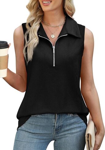 XIEERDUO Womens Summer Tops V Neck Collared Shirts Dressy Casual Ribbed Tank Top with Zipper Loose Fit in Saudi Arabia