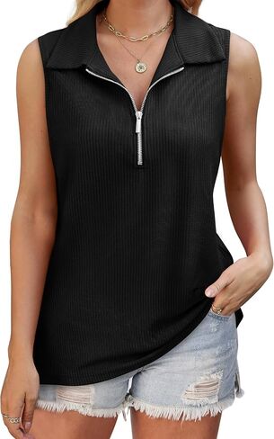 XIEERDUO Womens Summer Tops V Neck Collared Shirts Dressy Casual Ribbed Tank Top with Zipper Loose Fit in Saudi Arabia