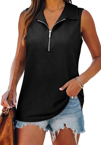 XIEERDUO Womens Summer Tops V Neck Collared Shirts Dressy Casual Ribbed Tank Top with Zipper Loose Fit in Saudi Arabia