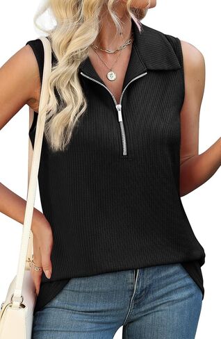 XIEERDUO Womens Summer Tops V Neck Collared Shirts Dressy Casual Ribbed Tank Top with Zipper Loose Fit in Saudi Arabia