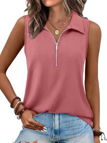 XIEERDUO Womens Summer Tops V Neck Collared Shirts Dressy Casual Ribbed Tank Top with Zipper Loose Fit in Saudi Arabia
