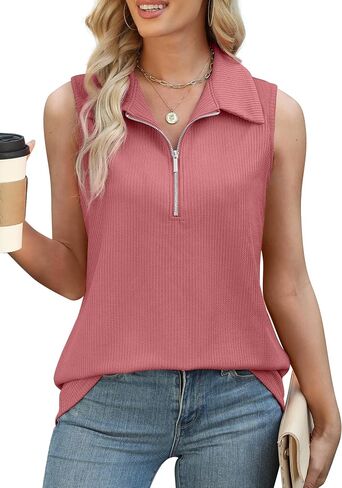XIEERDUO Womens Summer Tops V Neck Collared Shirts Dressy Casual Ribbed Tank Top with Zipper Loose Fit in Saudi Arabia