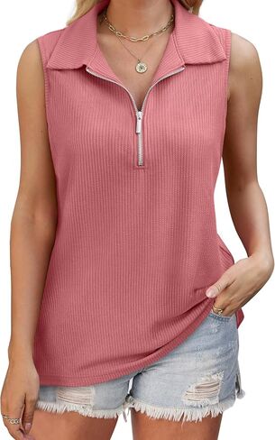 XIEERDUO Womens Summer Tops V Neck Collared Shirts Dressy Casual Ribbed Tank Top with Zipper Loose Fit in Saudi Arabia