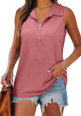 XIEERDUO Womens Summer Tops V Neck Collared Shirts Dressy Casual Ribbed Tank Top with Zipper Loose Fit in Saudi Arabia