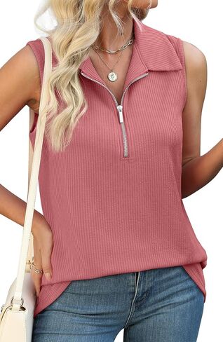 XIEERDUO Womens Summer Tops V Neck Collared Shirts Dressy Casual Ribbed Tank Top with Zipper Loose Fit in Saudi Arabia