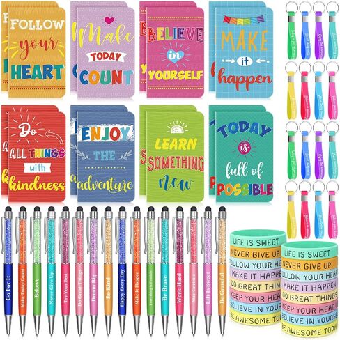 Perkoop 64 PCS الهدايا الملهمة بالجملة 16 دفاتر تحفيزية مجلة 16 Pallpoint Pens 16 Ballpoins Wristbands 16 سلسلة مفاتيح للمعلمين. in Kuwait