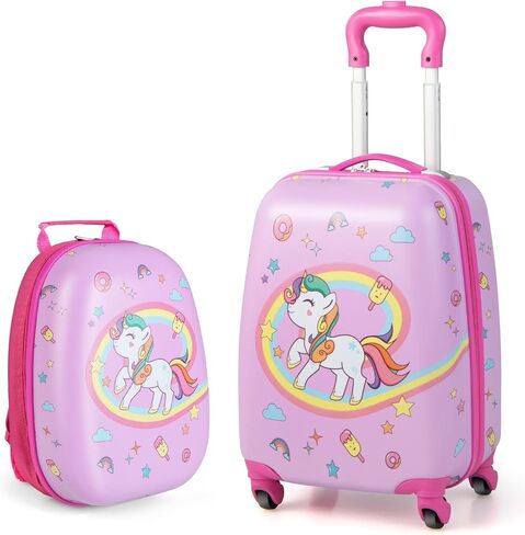 BABY JOY 2 Pcs Kids Luggage Set, 16" Toddlers Carry-on Suitcase & 12" Backpack Set, Children Travelling Case w/ 4 Casters, Retractable Handle, Lightweight Trolley Case for Girls Boys (White Pony) in Saudi Arabia