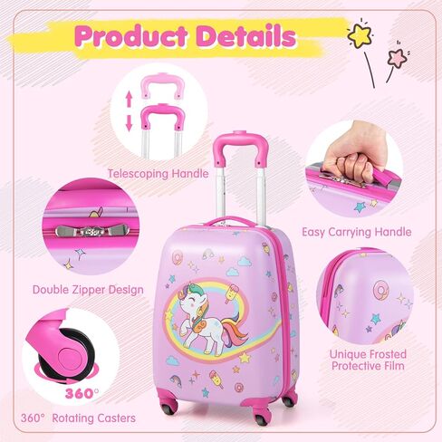 BABY JOY 2 Pcs Kids Luggage Set, 16" Toddlers Carry-on Suitcase & 12" Backpack Set, Children Travelling Case w/ 4 Casters, Retractable Handle, Lightweight Trolley Case for Girls Boys (White Pony) in Saudi Arabia