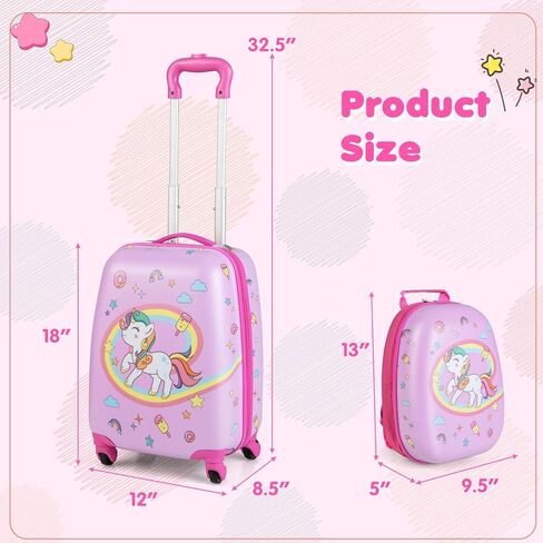 BABY JOY 2 Pcs Kids Luggage Set, 16" Toddlers Carry-on Suitcase & 12" Backpack Set, Children Travelling Case w/ 4 Casters, Retractable Handle, Lightweight Trolley Case for Girls Boys (White Pony) in Saudi Arabia