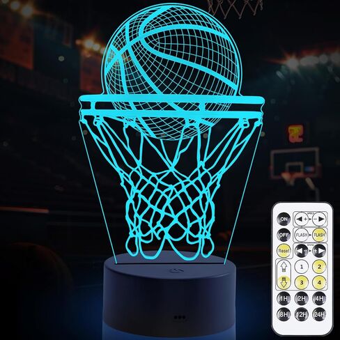 Basketball Night Light, 3D LED Night Lamp for Boys - Basket Ball Themed Bedroom Lamps, Optical Illusion Lamp with Remote Control, Perfect for Kids' Room Décor, Cool Gifts for Basketball Lovers in Kuwait