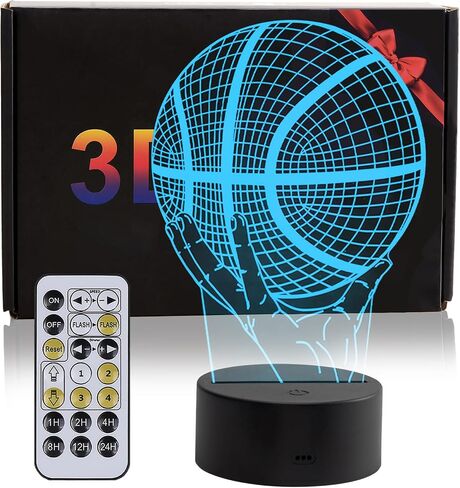 Basketball Night Light, 3D LED Night Lamp for Boys - Basket Ball Themed Bedroom Lamps, Optical Illusion Lamp with Remote Control, Perfect for Kids' Room Décor, Cool Gifts for Basketball Lovers in Kuwait