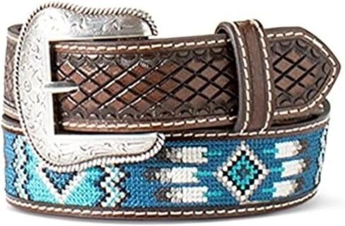 ARIAT Boys' Genuine Leather Belt - Diamond & Sunburst Embossing, Southwest Patterned Inlay w/Antique Silver Buckle in Saudi Arabia