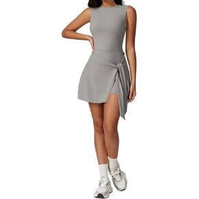 Womens High Neck Tennis Dress with Built-in Shorts, Sleeveless Athletic Rompers for Yoga, Golf, and Workout