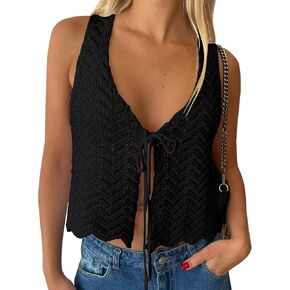 LILLUSORY Crochet Tops for Women Summer Vacation Outfits Beach Cover Up Going Out Tie Front Spring Sweater Vest 2025 Fashion